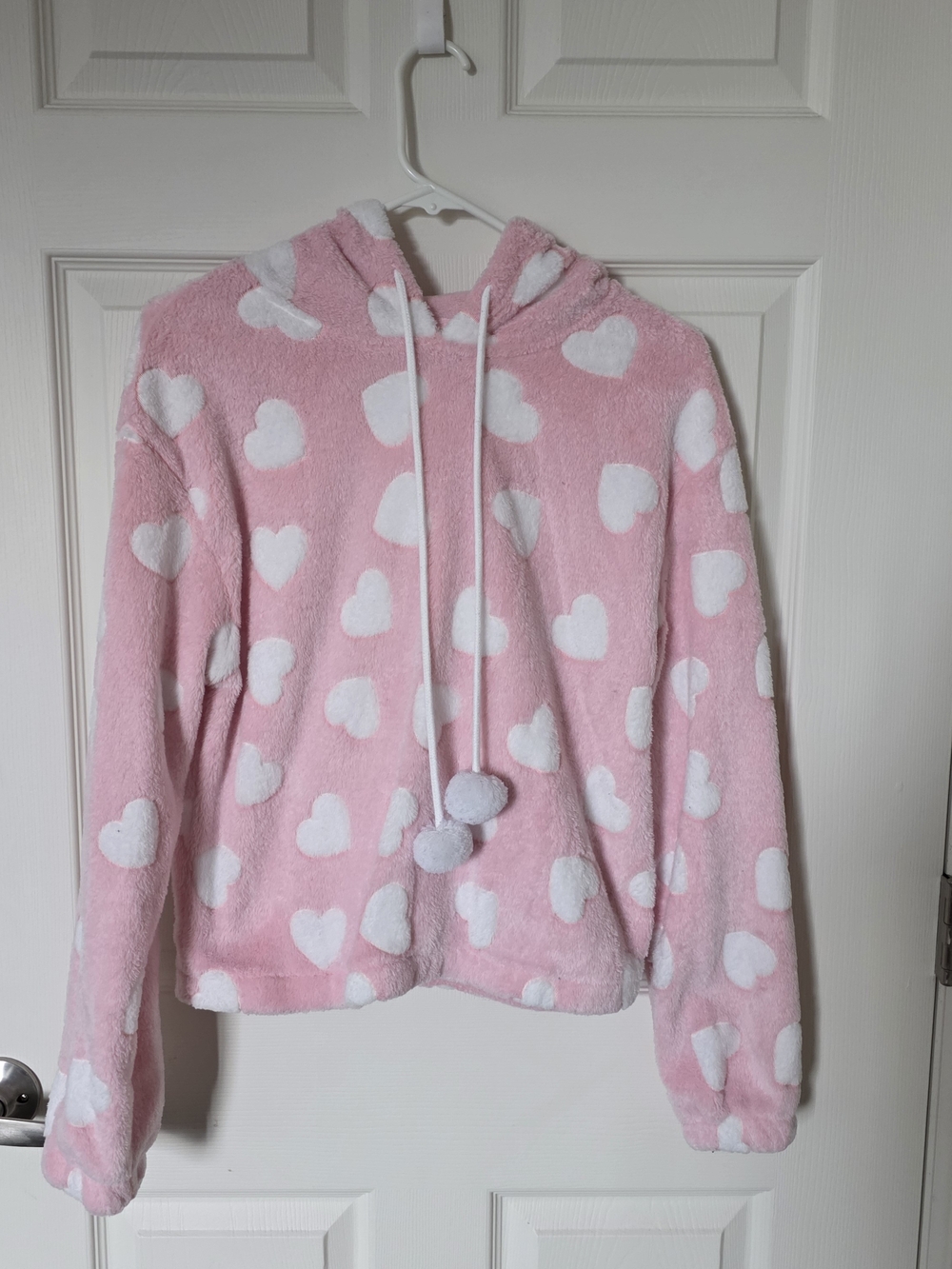 Angel Cult Pink & White Fuzzy Heart Fleece Pullover Hoodie - Women's Size L